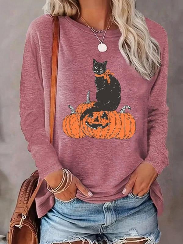 Women's Black Cat & Pumpkin Print Drop Shoulder Tee, Casual Long Sleeve Round Neck T-shirt for All Seasons, Women's Top...