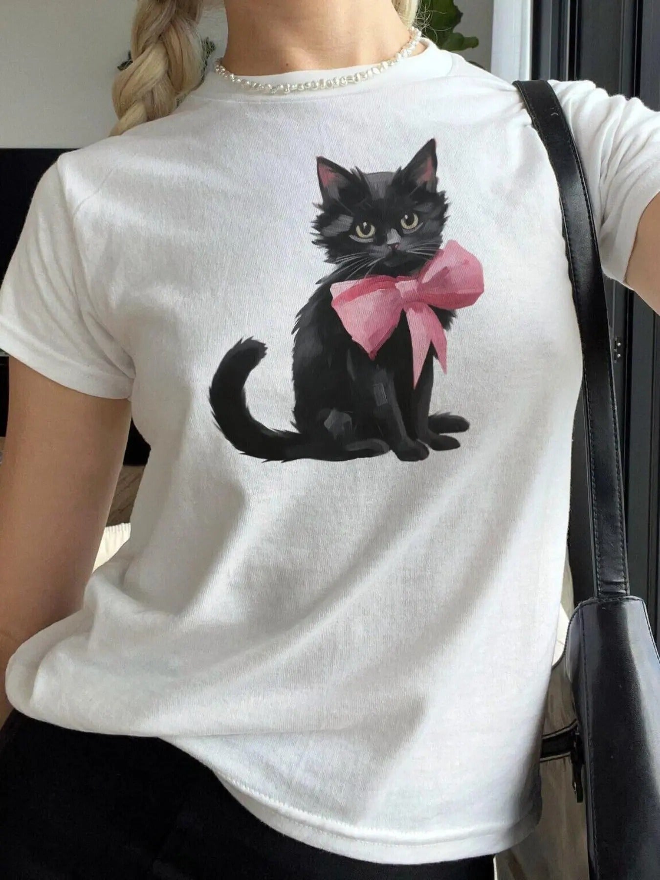 Black Cat Print Casual Short Sleeve Round Neck Summer Clothes Daily T-Shirts, Hoodie, Sweatshirt