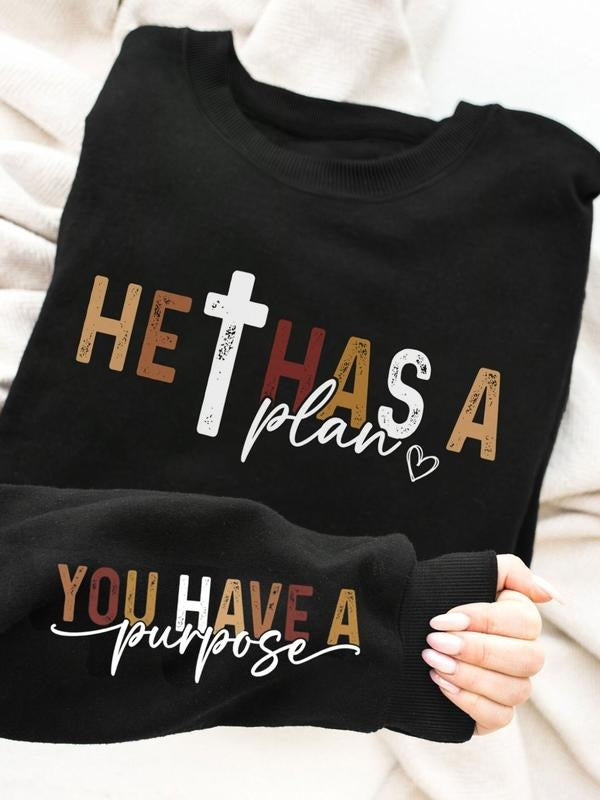 Women's Black Crewneck Sweatshirt | "He Has A Plan You Have A Purpose" Christian Graphic, Inspirational Faith-Based...