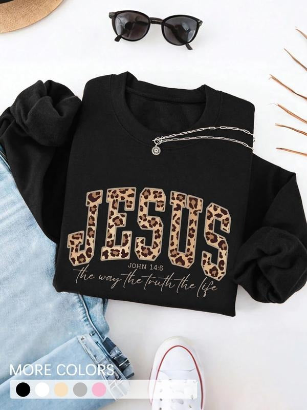 Women's Black Crewneck Sweatshirt with Leopard Print "JESUS" Design, Bible Verse John 14:6 Graphic Top for Religious...