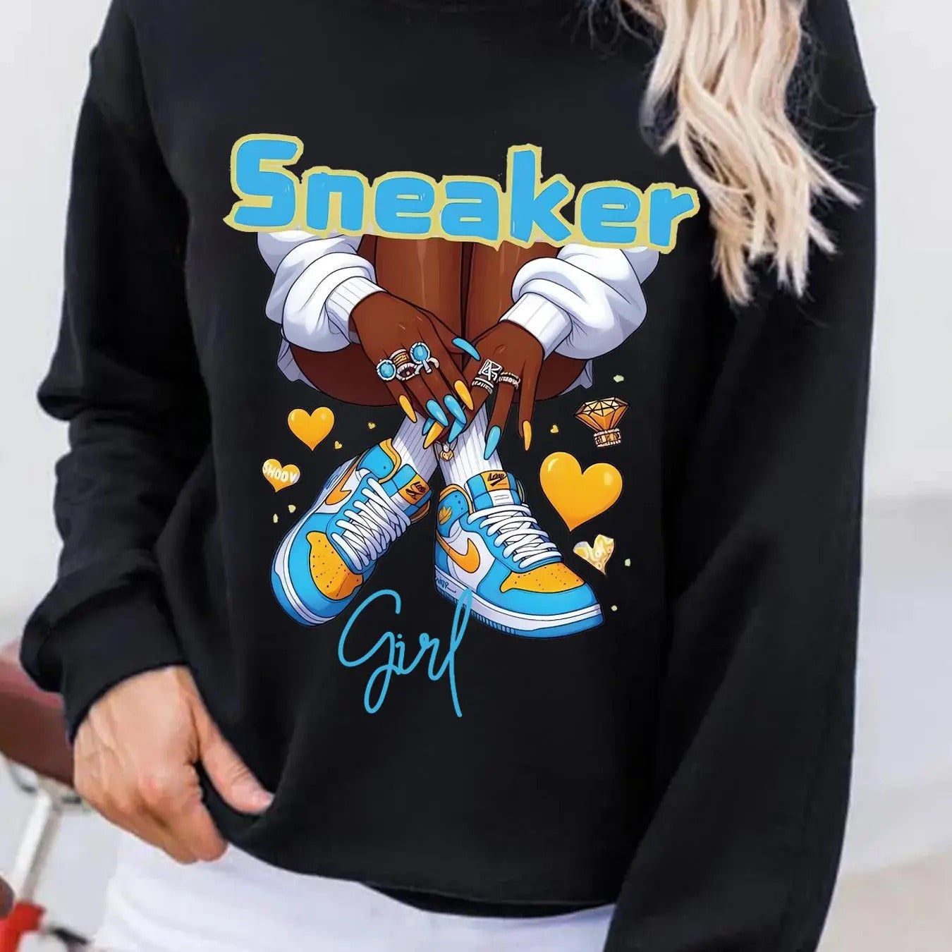 Women's Black Girl & Letter Print Drop Shoulder Pullover, Fashion Casual Crew Neck Sweatshirt for Daily Holiday Outdoor...