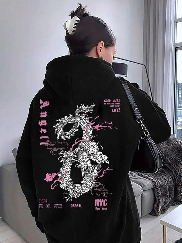 Women's Black Hoodie Sweatshirt with Dragon Back Print, NYC Street Style Top, Angel and Good Wishes Graphic for Casual...