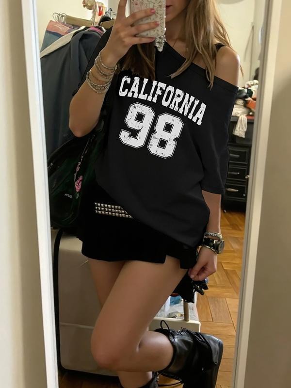 Women's Black Off-Shoulder T-Shirt with "CALIFORNIA 98" Retro Print, Casual Streetwear Top for Summer Outfits and Daily...
