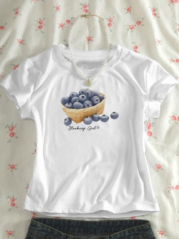 Women's Blueberry Print Round Neck Tee, Casual Short Sleeve Crew Neck T-Shirt for Summer, Fashion Women's Top for Daily...