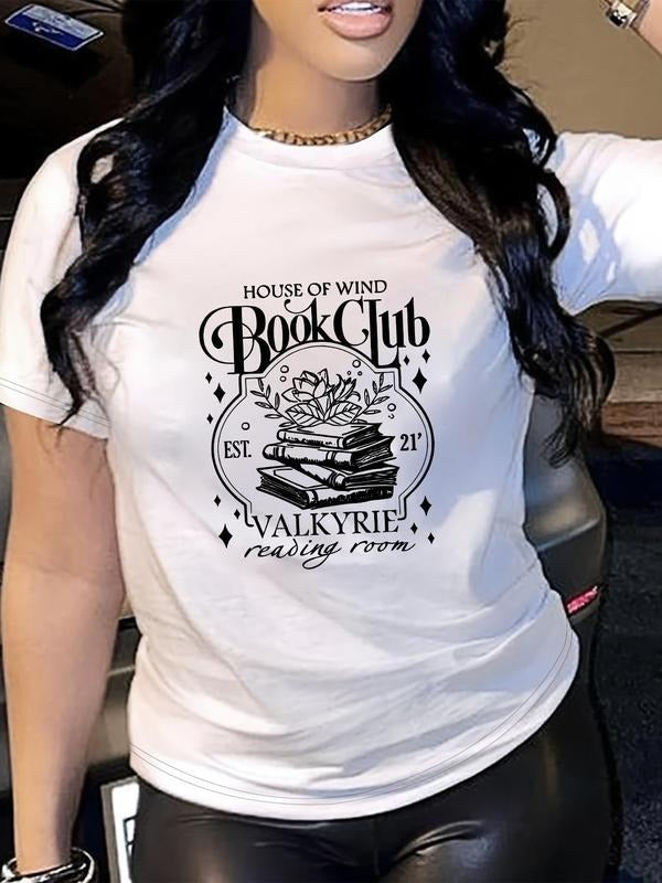 Women's Book &  Letter Print Round Neck Graphic Tee, Vintage Trendy Casual Short Sleeve T-shirt for Daily Wear, Ladies...