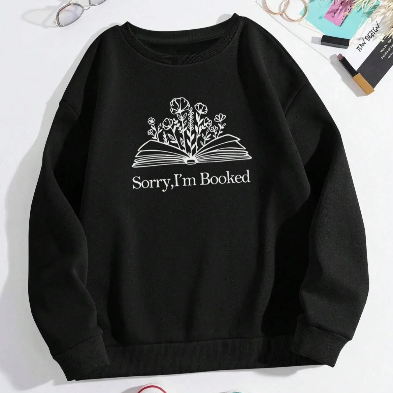 Women's Book & Plants Print Drop Shoulder Sweatshirt, Casual Long Sleeve Round Neck Pullover for Fall & Winter, Women's...