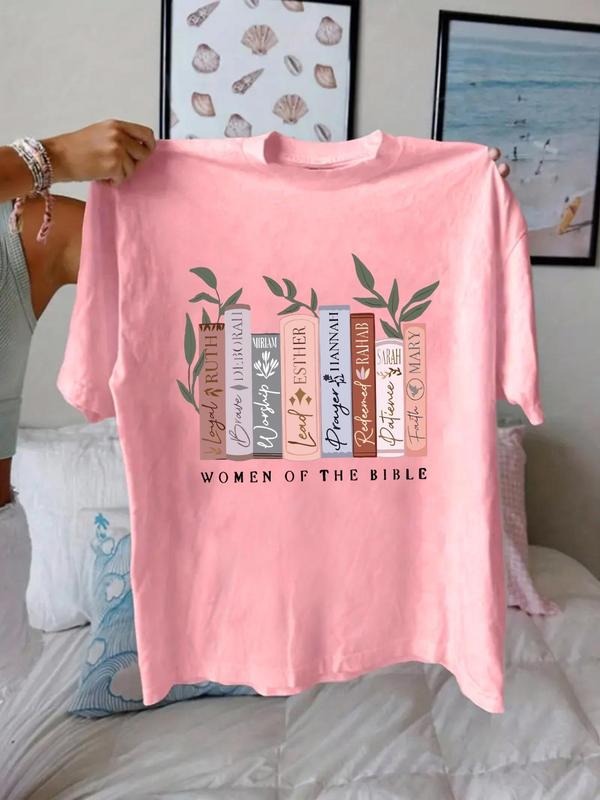 Women's Book Graphic Print Round Neck Tee, Fashion Casual Short Sleeve T-shirt for Daily Wear, Ladies Clothes for All...