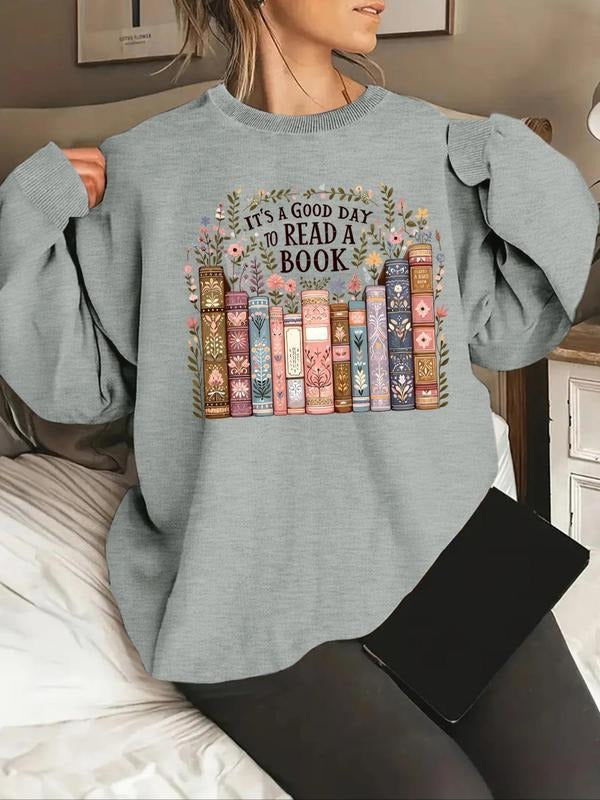 Women's Book Print Crew Neck Sweatshirt, Casual Long Sleeve Pullover for Daily Wear, Ladies Clothes for All Seasons...