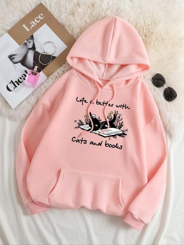 Women's Book Print Drop Shoulder Hoodie, Fashion Casual Drawstring Pocket Hooded Sweatshirt for Daily Holiday Outdoor...