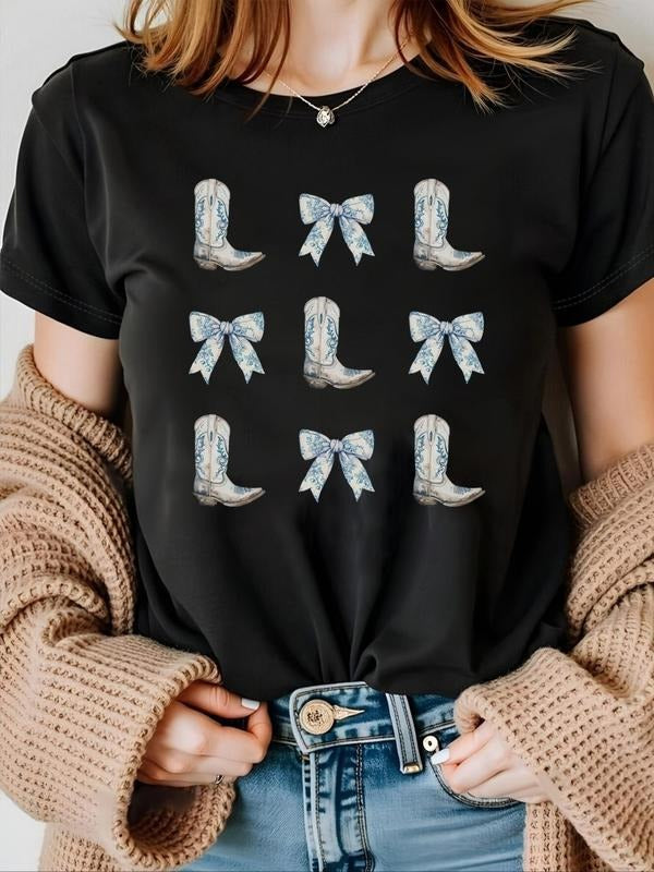Women's Boots & Bow Print Round Neck Tee, Casual Short Sleeve Crew Neck T-Shirt for Summer, Fashion Women's Top for Daily...
