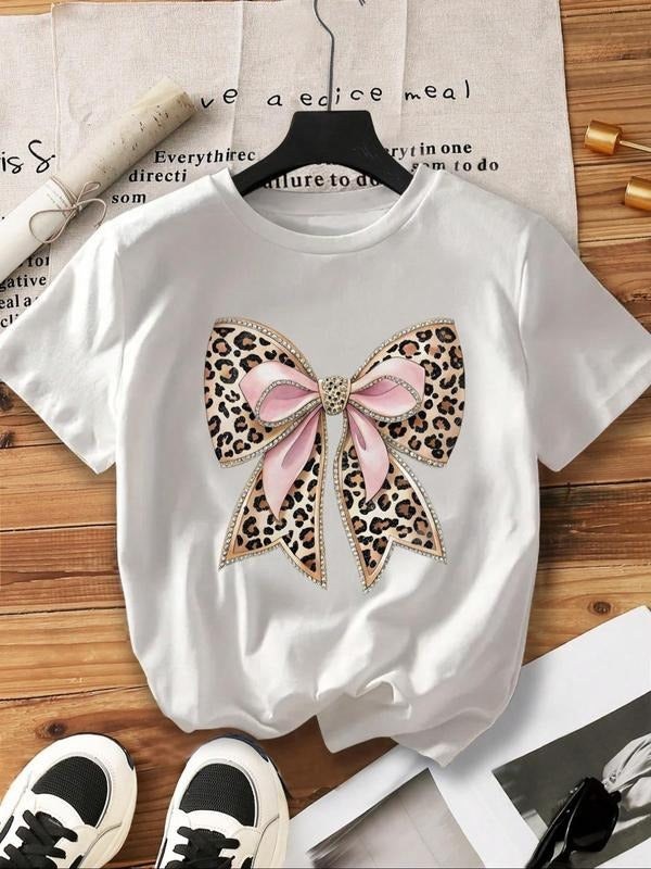 Women's Bow & Leopard Print Round Neck Tee, Fashion Casual Crew Neck T-Shirt for Daily Holiday Vacation Outdoor Wear,...