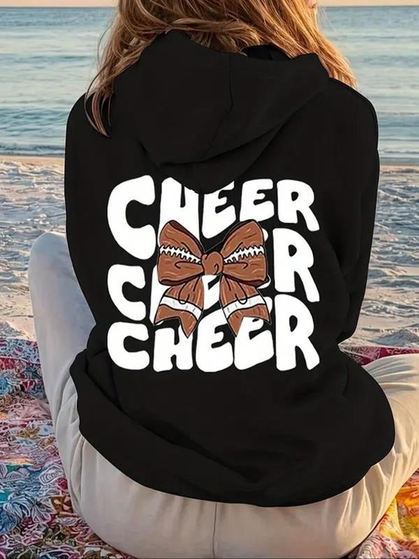 Women's Bow & Letter Print Drop Shoulder Hoodie, Fashion Casual Drawstring Pocket Hooded Sweatshirt for Daily Holiday...