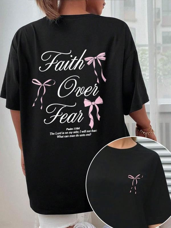 Women's Bow & Letter Print Round Neck Tee, Casual Short Sleeve Crew Neck T-shirt for Summer, Fashion Women's Top for...