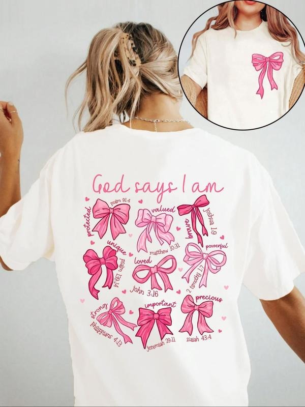 Women's Bow & Letter Print Round Neck Tee, Fashion Casual Short Sleeve T-shirt, Ladies Summer Clothes for Daily Wear, Top...