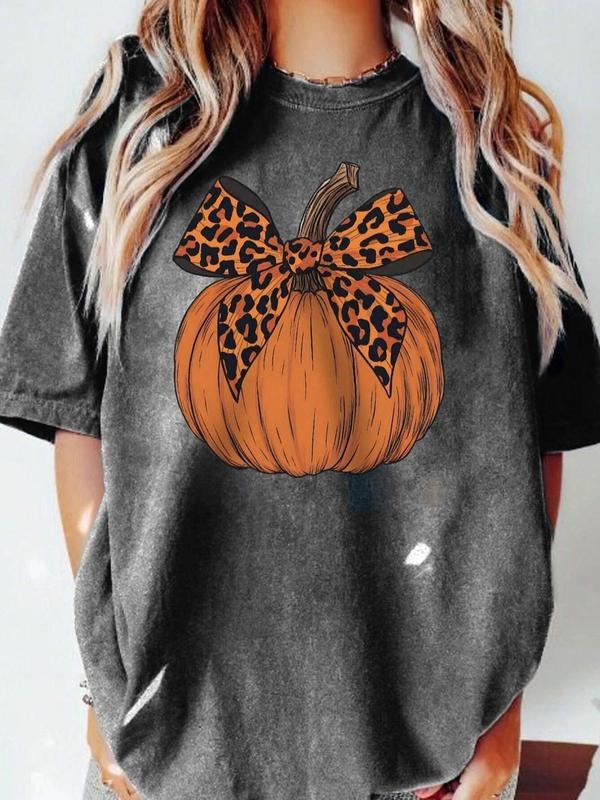 Women's Bow & Pumpkin Print Drop Shoulder Tee, Casual Half Sleeve Round Neck T-Shirt for All Seasons, Women's Top for...