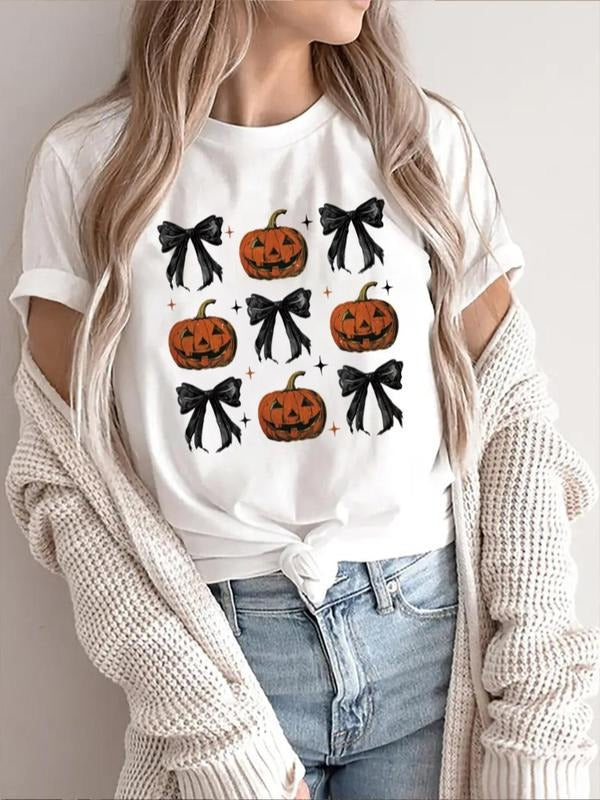 Women's Bow & Pumpkin Print Round Neck Tee, Casual Short Sleeve Crew Neck T-Shirt for Summer, Fashion Women's Top for...