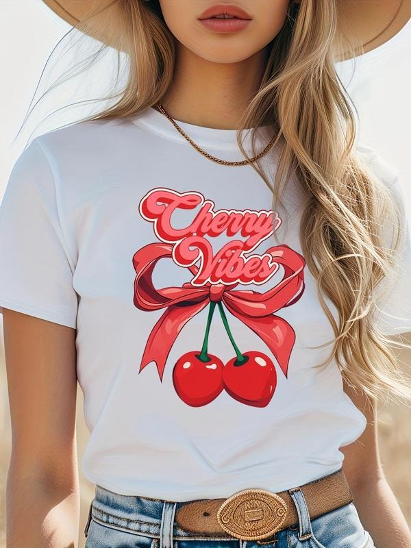 Women's Bow Cherry & Letter Print Round Neck Tee, Casual Short Sleeve Graphic T-shirt, Ladies All Seasons Outfit for...
