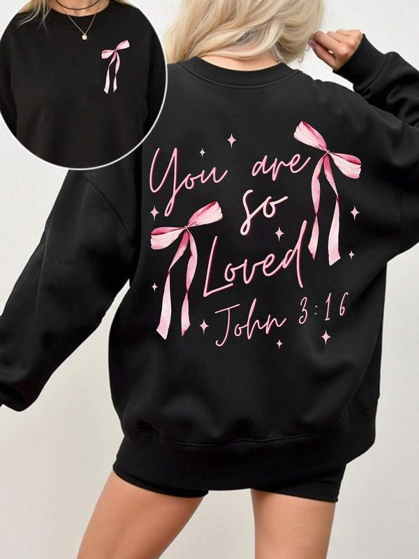 Women's Bow Print & Letter Print Regular Fit Round Neck Sweatshirt, Casual Basic Top for Fall and Winter, Women's Gift...