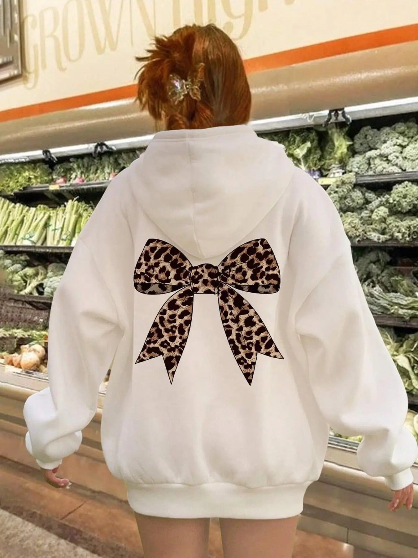 Women's Bow Print Drop Shoulder Hoodie, Fashion Casual Drawstring Pocket Hooded Sweatshirt for Daily Holiday Outdoor...