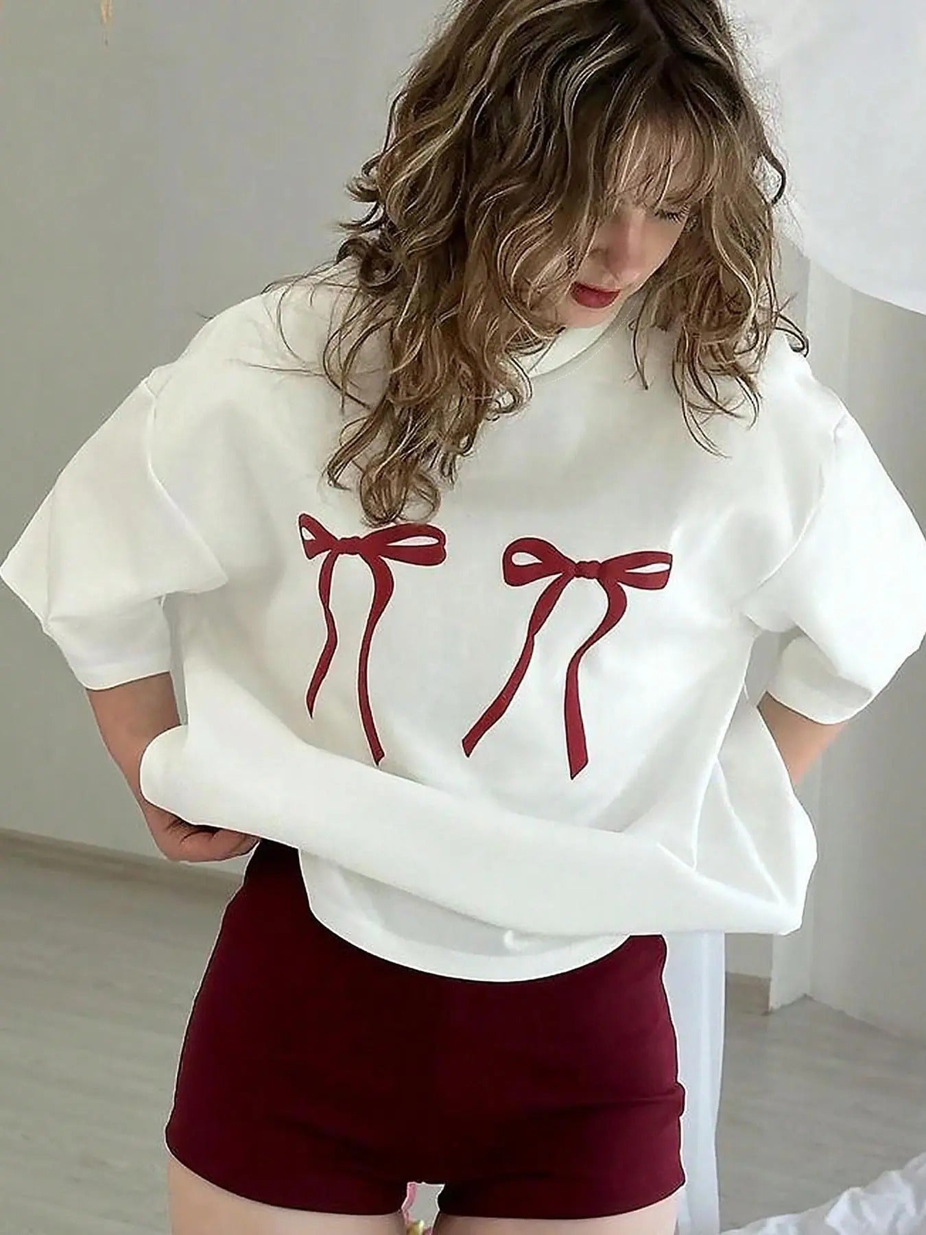 Women's Bow Print Drop Shoulder Tee, Casual Half Sleeve Round Neck T-shirt, Fashion Women's Top for Daily Wear Hoodie,...