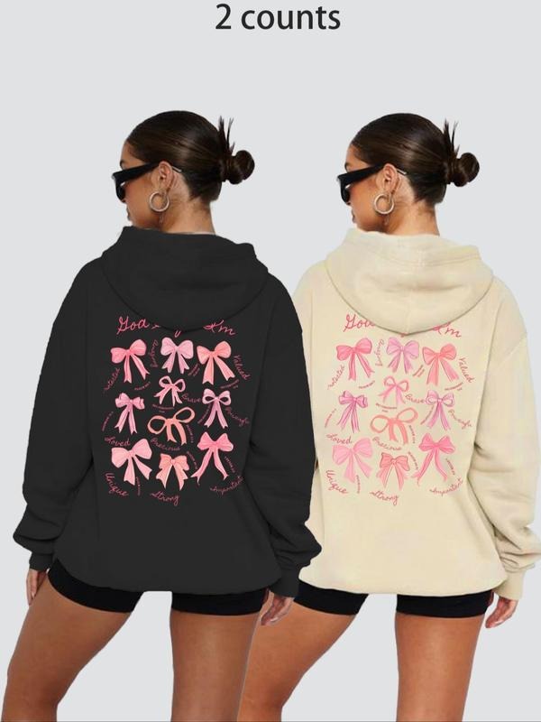 Women's Bow Print Hoodie, Casual Long Sleeve Hooded Sweatshirt for Daily Wear, Ladies Spring Clothes T-Shirts