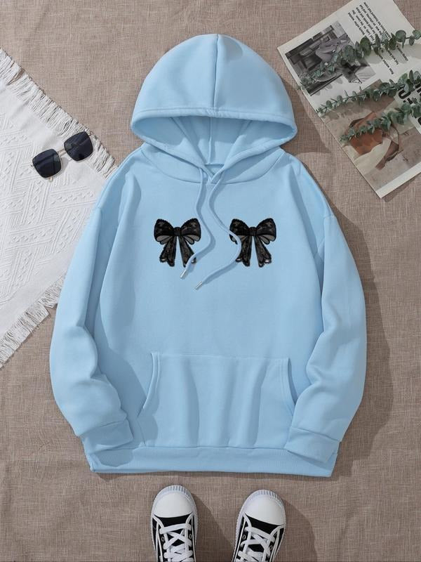 Women's Bow Print Hoodie, Fashion Casual Drawstring Pocket Hooded Sweatshirt for Daily Holiday Outdoor Wear, Women...