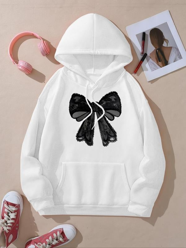 Women's Bow Print Hoodie, Fashion Casual Hooded Sweatshirt for Daily Holiday Outdoor Wear, Women Clothing for Fall &...