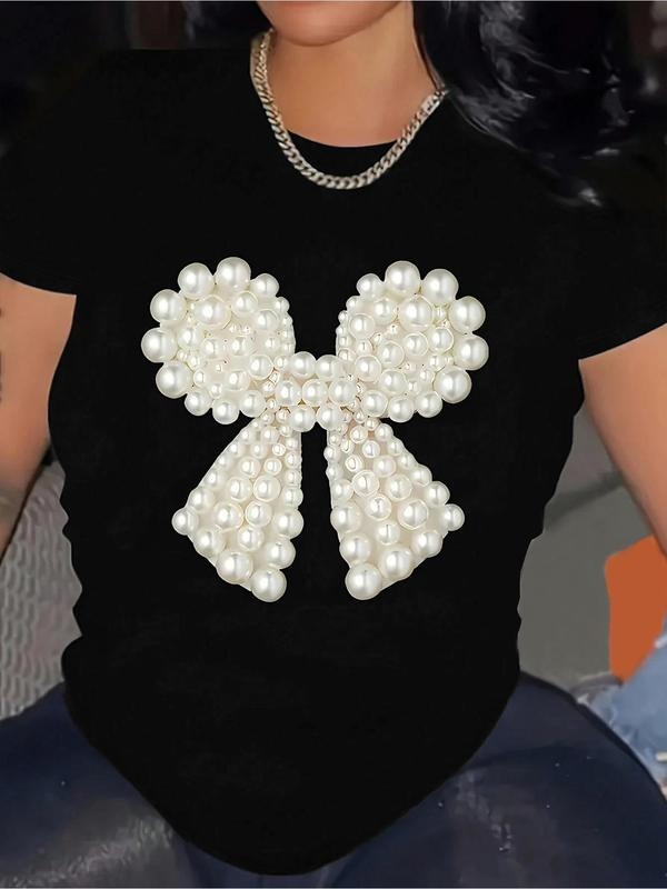 Women's Bow Print Round Neck Tee, Casual Fashion Short Sleeve T-shirt for Summer, Ladies Clothes for Daily Wear, Top...