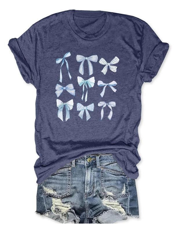 Women's Bow Print Round Neck Tee, Casual Short Sleeve Crew Neck T-Shirt for Daily Wear, Ladies Clothes for All Seasons...