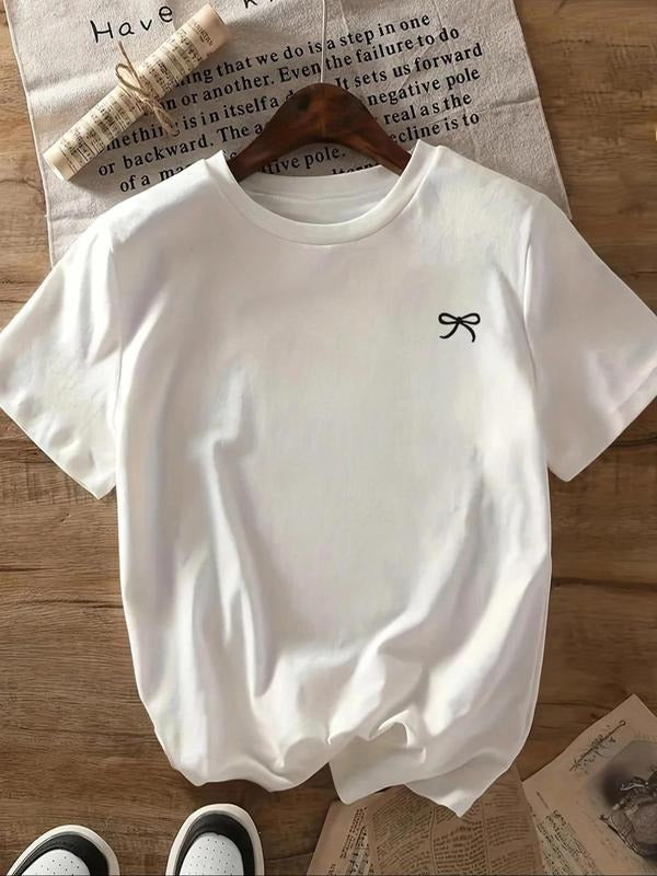 Women's Bow Print Round Neck Tee, Casual Short Sleeve Crew Neck T-Shirt for Daily Wear, Ladies Clothes for All Seasons...