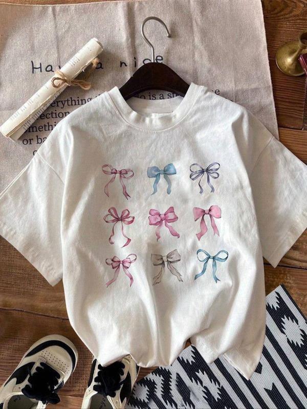 Women's Bow Print Round Neck Tee, Casual Short Sleeve Crew Neck T-Shirt for Summer, Women Clothes for Daily Wear, Graphic...