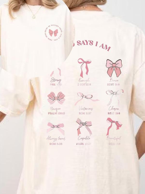 Women's Bow Print Round Neck Tee, Casual Short Sleeve Crew Neck T-shirt for Summer, Fashion Women's Top for Daily Wear...