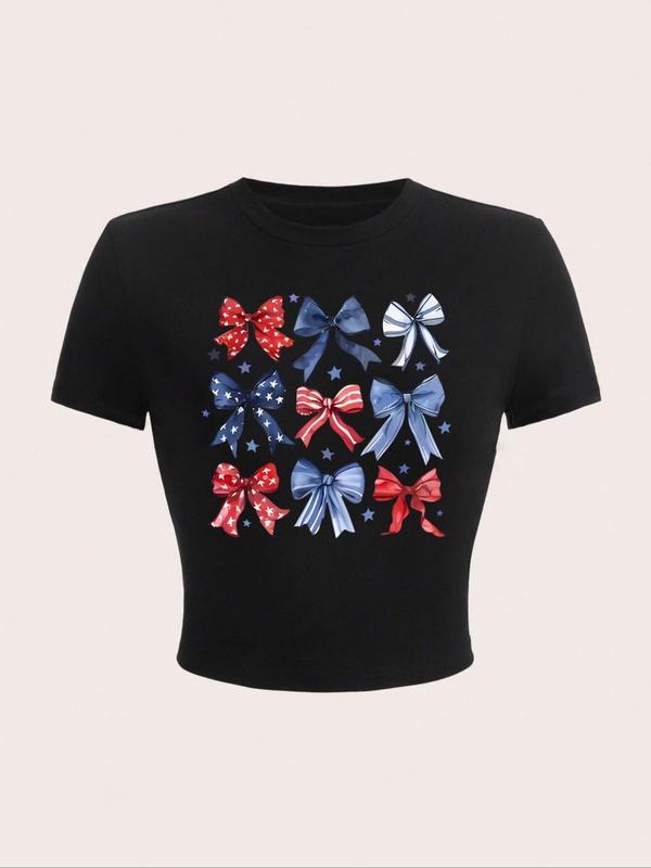 Women's Bow Print Round Neck Tee, Casual Short Sleeve T-Shirt for Summer, Women's Top for Daily Wear Hoodie, Sweatshirt