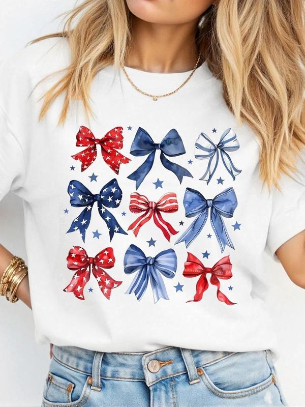 Women's Bow Print Round Neck Tee, Casual Star & Striped Print Short Sleeve T-Shirt for Daily Wear, Ladies Clothes for All...