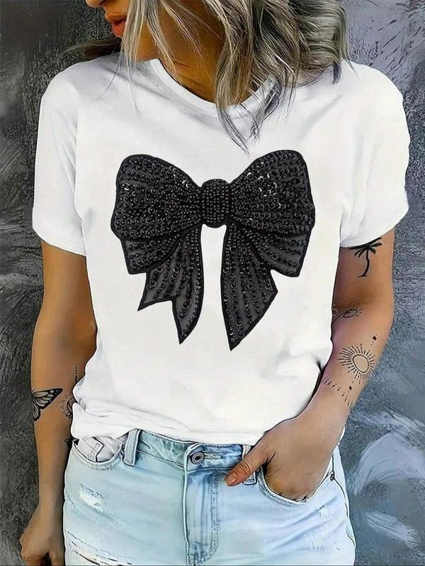 Women's Bow Print Round Neck Tee, Fashion Casual Crew Neck T-Shirt for Daily Holiday Vacation Outdoor Wear, Ladies...