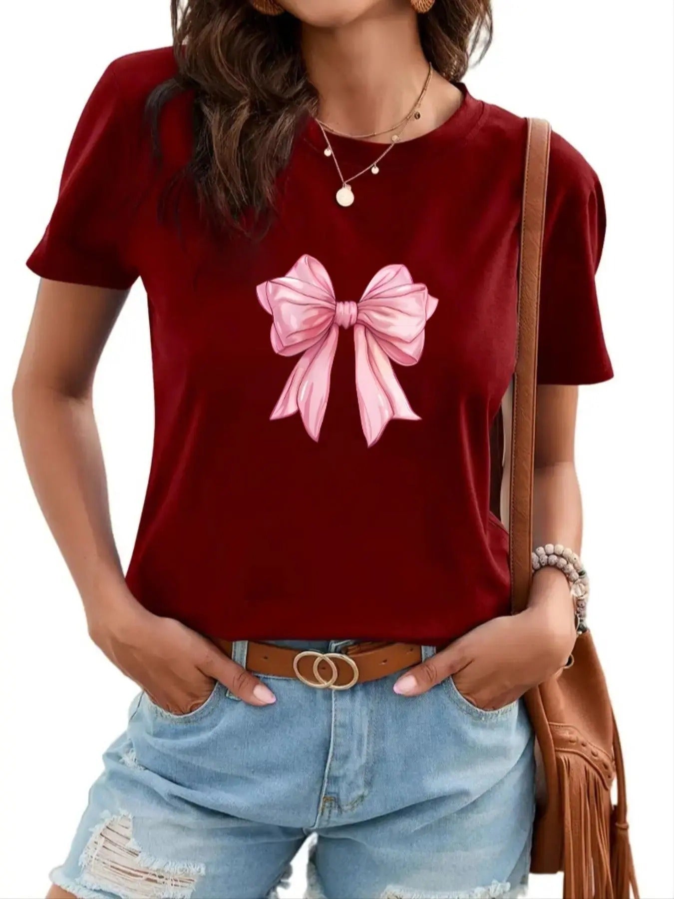Women's Bow Print Round Neck Tee, Fashion Casual Short Sleeve T-shirt for Daily Wear, Ladies Summer Clothes Hoodie,...