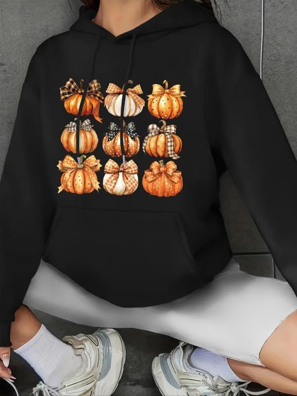 Women's Bow Pumpkin Print Drop Shoulder Hoodie, Fashion Casual Drawstring Pocket Hooded Sweatshirt for Daily Holiday...