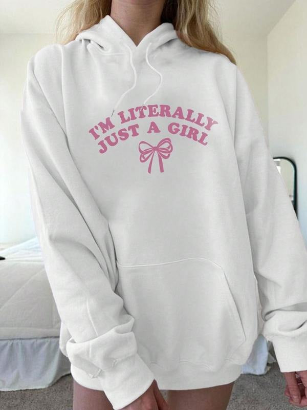 Women's Bowknot & Letter Print Drawstring Pocket Hoodie, Casual Drop Shoulder Long Sleeve Hooded Sweatshirt, Ladies Fall...