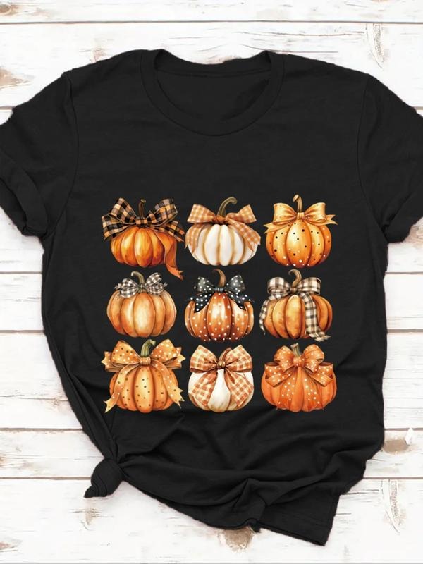 Women's Bowknot & Pumpkin Print Round Neck Tee, Casual Short Sleeve Crew Neck T-shirt for Summer, Fashion Women's Top for...