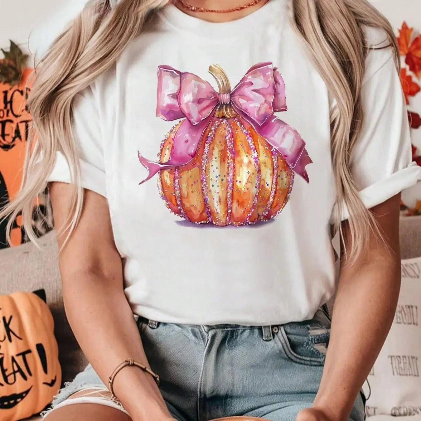 Bowknot & Pumpkin Print Round Neck Casual Short Sleeve Daily Vacation Outdoor Clothes Summer T-Shirts, Hoodie, Sweatshirt