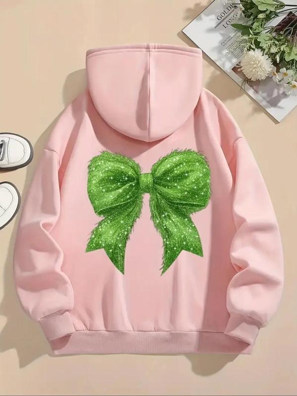 Women's Bowknot Graphic Drop Shoulder Hoodie, Fashion Casual Drawstring Pocket Hooded Sweatshirt for Daily Holiday...