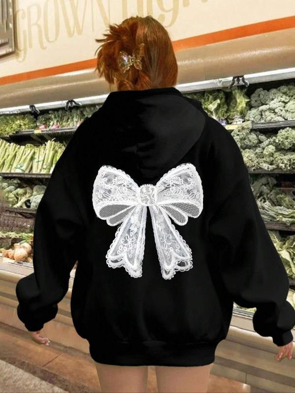 Women's Bowknot Print Drop Shoulder Hoodie, Fashion Casual Drawstring Pocket Hooded Sweatshirt for Daily Holiday Outdoor...