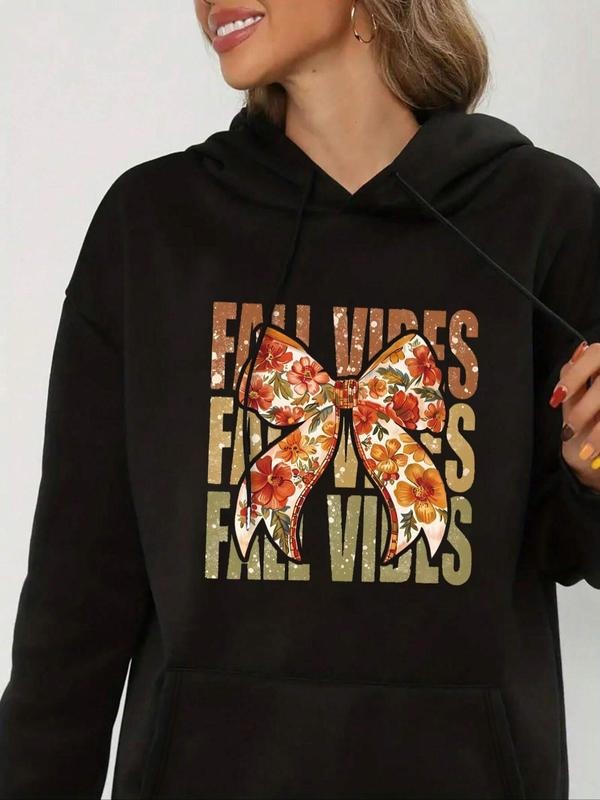 Women's Bowknot Print Drop Shoulder Hoodie, Fashion Casual Drawstring Pocket Hooded Sweatshirt for Daily Holiday Outdoor...