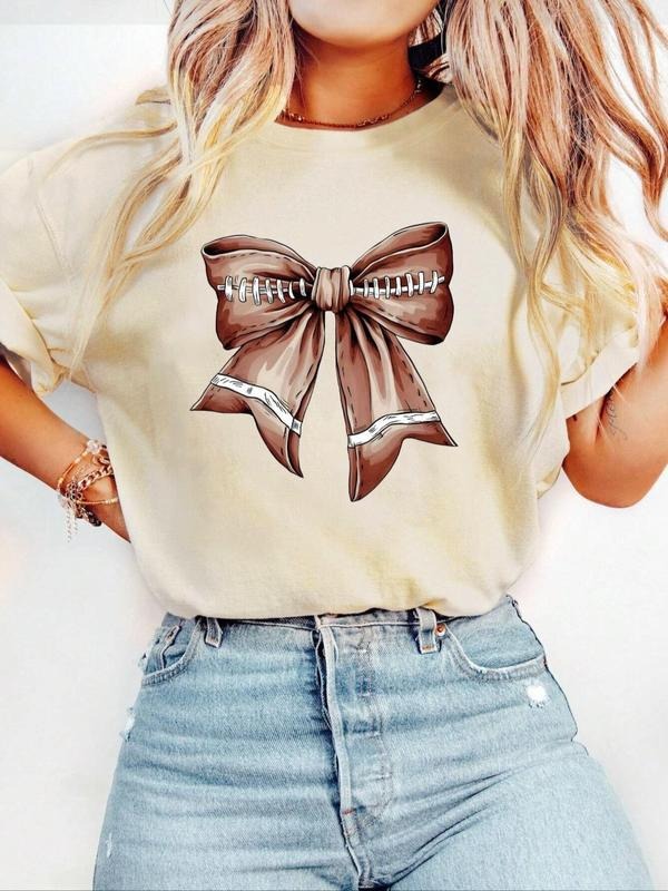 Women's Bowknot Print Round Neck Tee, Fashion Casual Short Sleeve T-shirt, Ladies Summer Clothes for Daily Wear Hoodie,...