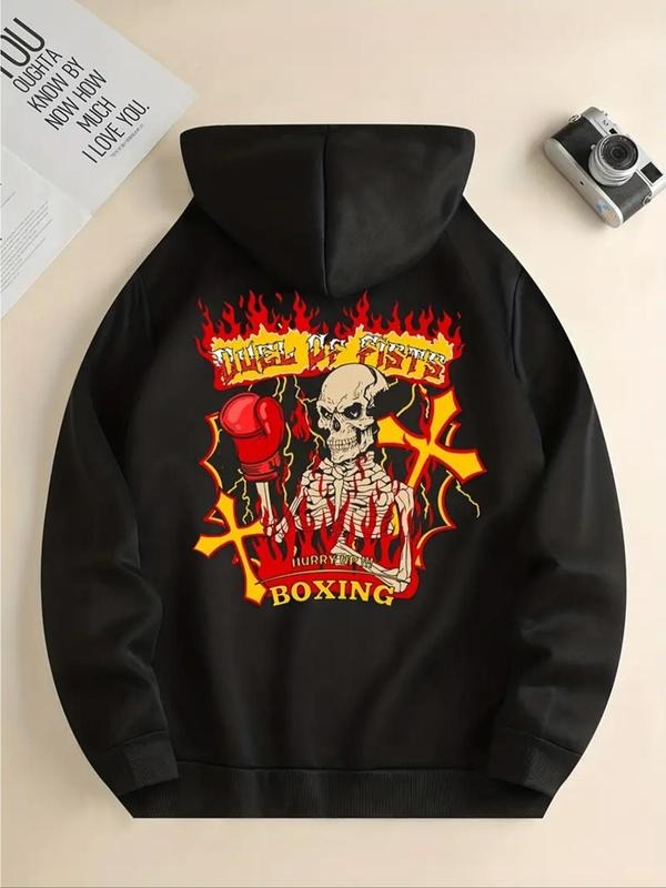 Women's Boxing Skull & Letter Print Drop Shoulder Hoodie, Fashion Casual Drawstring Pocket Hooded Sweatshirt for Daily...
