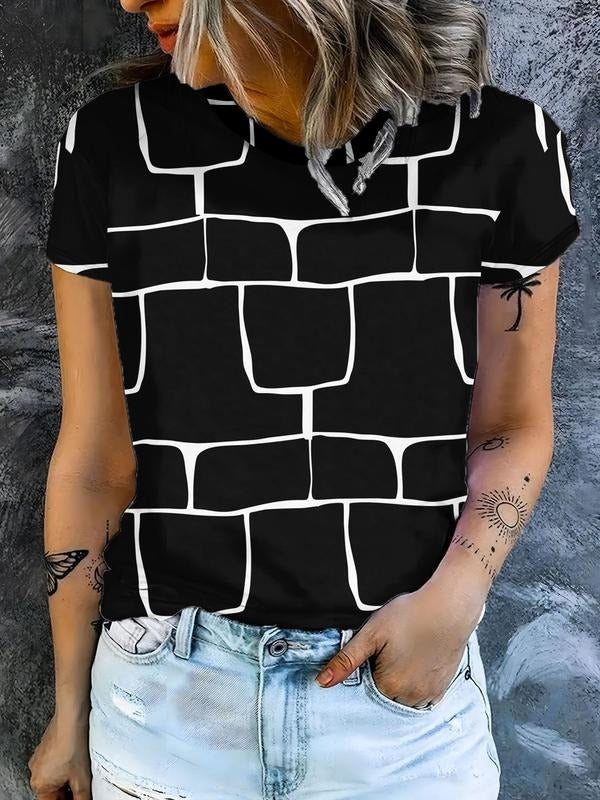 Women's Brick Pattern Print Round Neck Tee, Casual Short Sleeve T-shirt for Summer, Ladies Clothes for Daily Wear, Top...