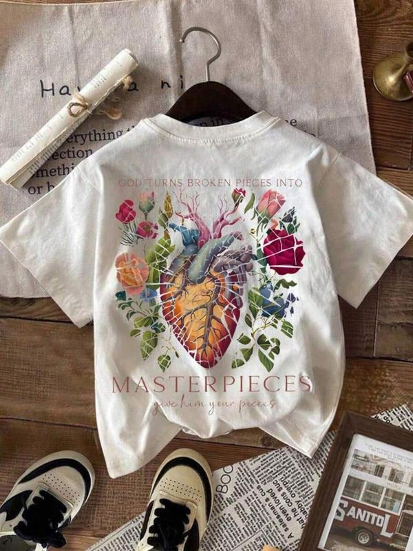 Women's Broken Pieces Into Heart Print Round Neck Tee, Fashion Casual Short Sleeve T-shirt, Ladies Summer Clothes for...