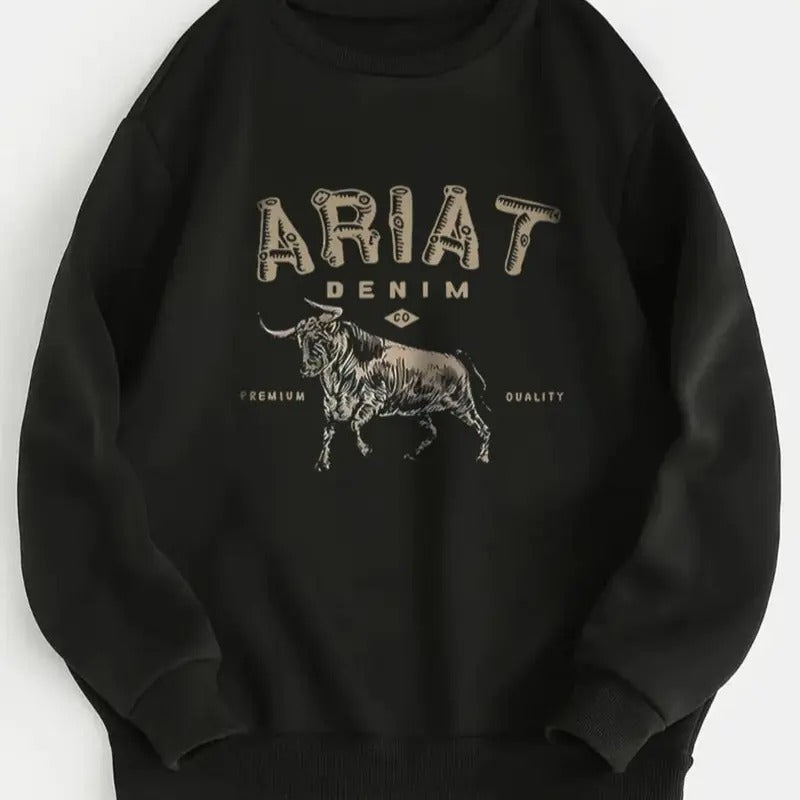 Women's Bull & Letter Print Drop Shoulder Sweatshirt, Casual Long Sleeve Round Neck Pullover for Daily Wear, Ladies...