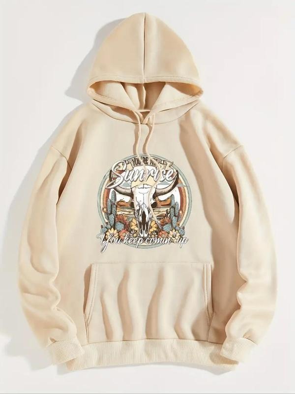 Women's Bull Head & Cactus Print Drop Shoulder Hoodie, Fashion Casual Drawstring Pocket Hooded Sweatshirt for Daily...