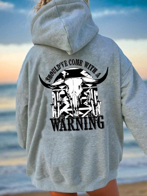 Women's Bull Head & Letter Print Drop Shoulder Hoodie, Fashion Casual Drawstring Pocket Hooded Sweatshirt for Daily...
